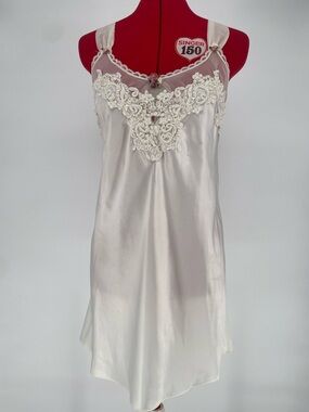 VTG 80s White Satin Embellished Slip Nightgown Mesh And Lace W/ Pearl Beading